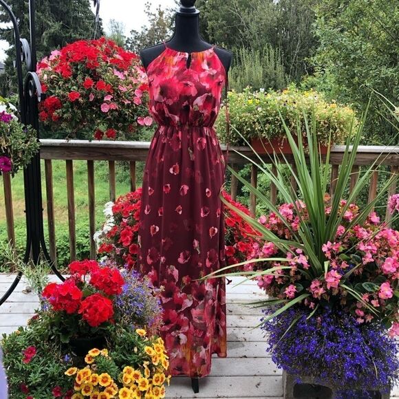 Red Floral Chiffon Maxi Dress - Picture 1 of 8